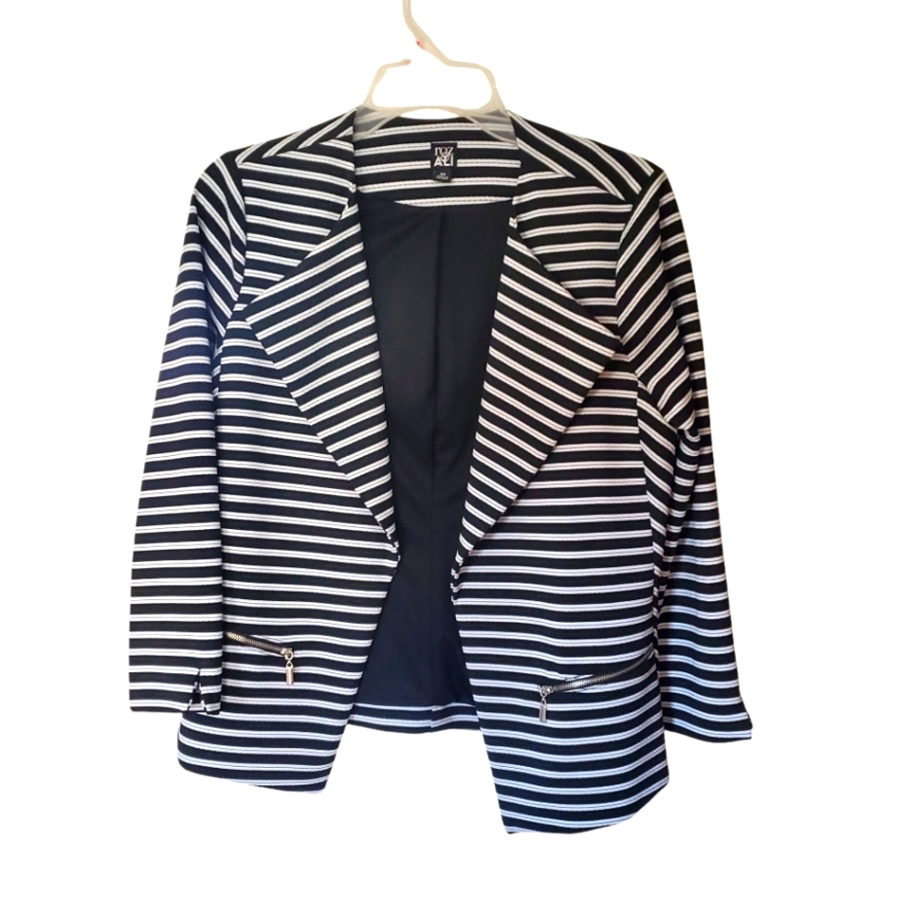 Roz & Ali Black &‎ White Striped Open Front Blazer Jacket Women's Size XS Moto